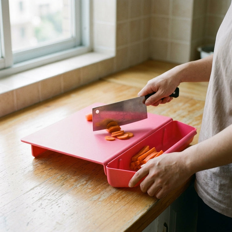 2-in-1 Chopping Board with Storage Box lifestyle shot in a modern kitchen setting demonstrating everyday chopping convenience chopping board with storage box