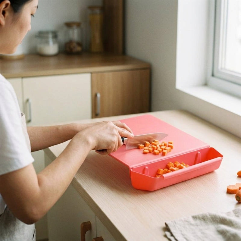 2-in-1 Chopping Board with Storage Box overhead flat lay view showing board surface texture and storage box capacity cutting board with drawer