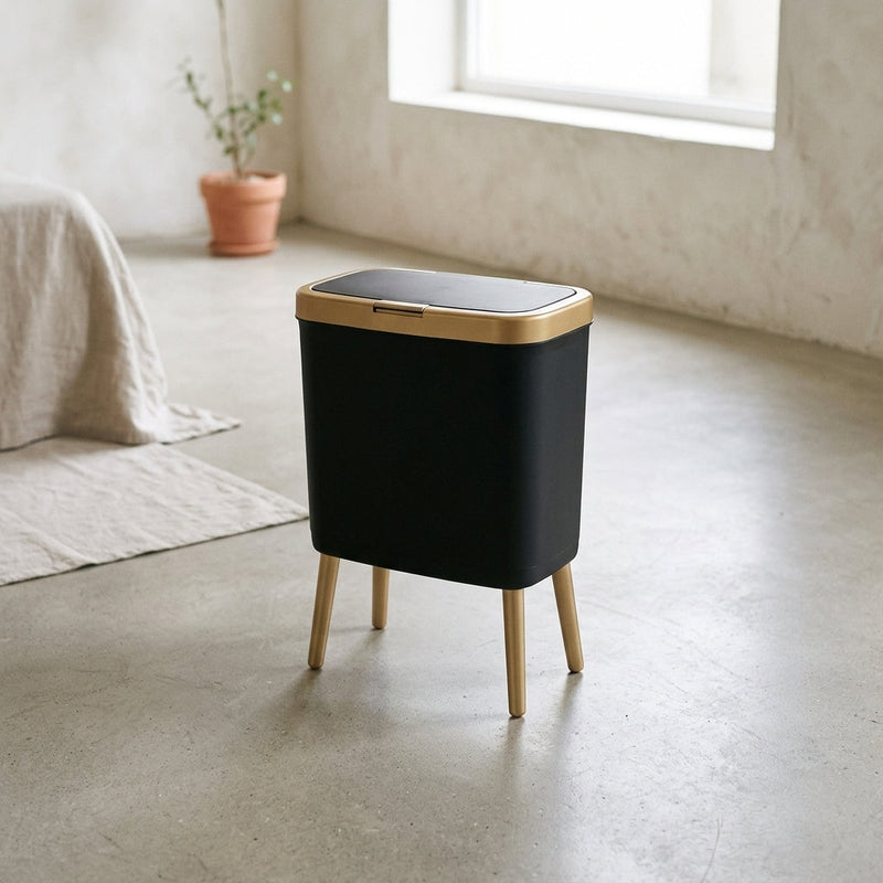 15 Litre Raised Leg Bin | Odour Seal Flip Top Lid Stylish Waste Bin switched on with a warm glow 15 litre bin with legs