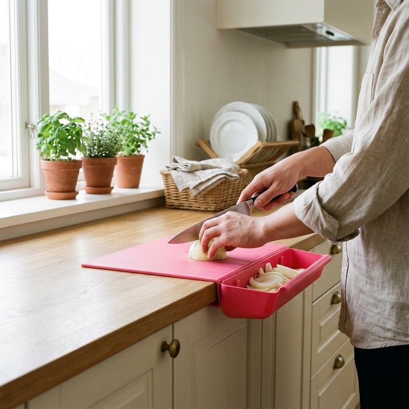 2-in-1 Chopping Board with Storage Box shown in full view with detachable container drawer beneath the cutting surface cutting board with drawer
