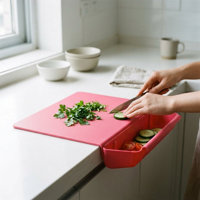 2-in-1 Chopping Board with Storage Box displayed at an angle highlighting the non-slip base and integrated catcher tray 2 in 1 chopping board with container