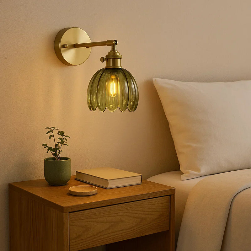 Vintage TulipGlow wall light switched on with atmospheric lighting, floral design
