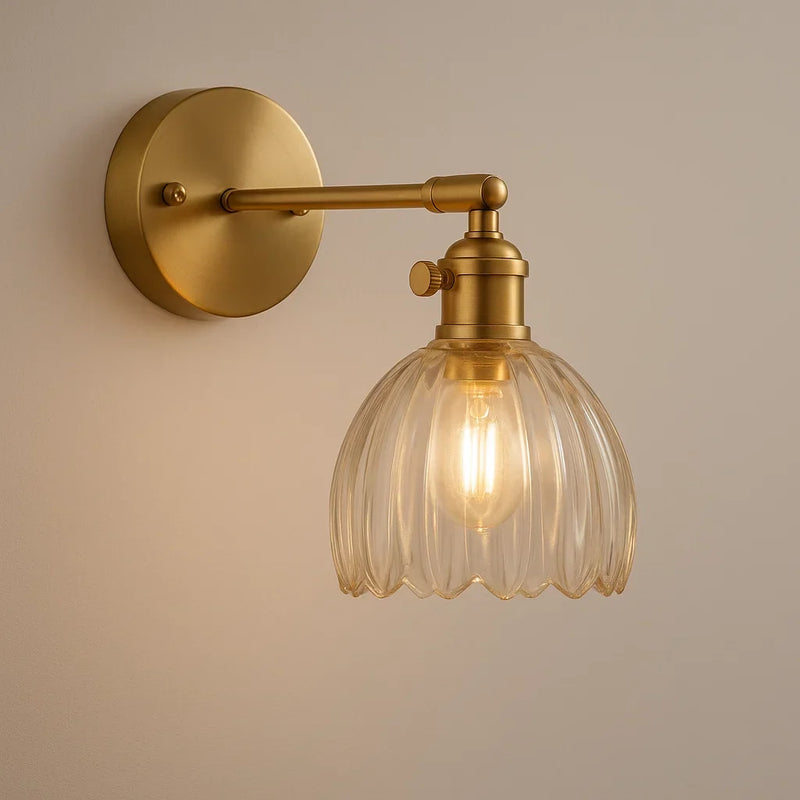 TulipGlow wall lamp side view of the curved metal arm, floral vintage wall light