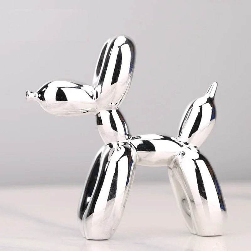 Silver chrome balloon dog sculpture in resin