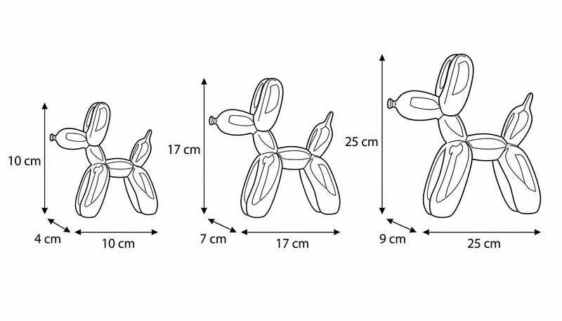 Balloon dog sculpture dimensions, small 10x10 cm, medium 17x17 cm, large 25x25 cm