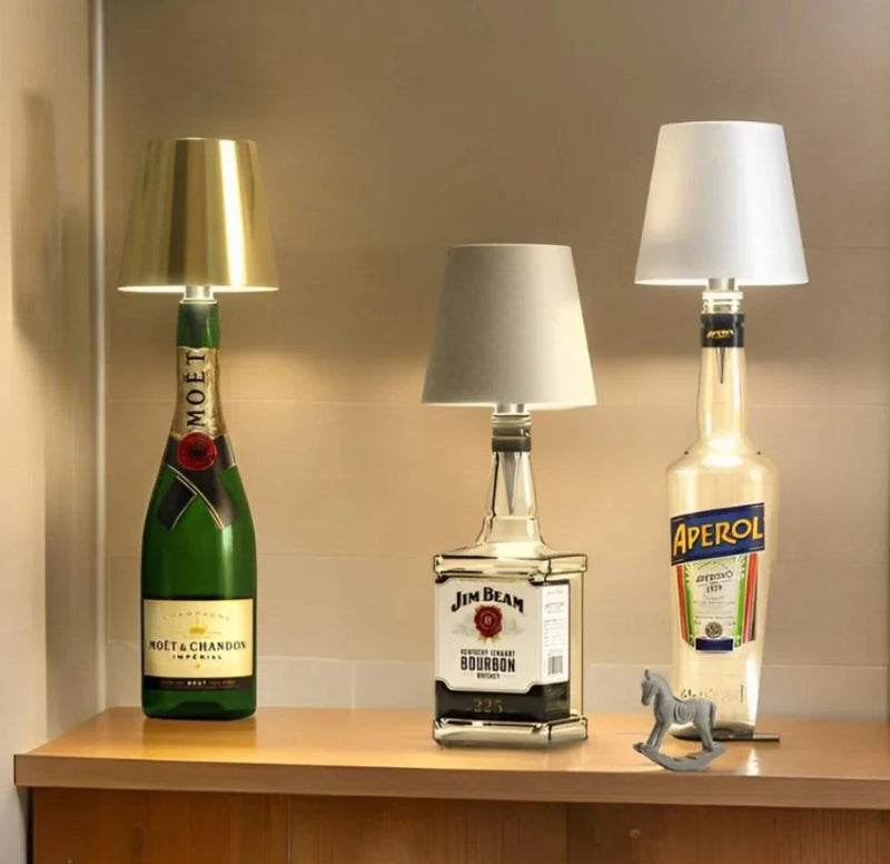 GlowBottle on three bottles Moët Jim Beam Aperol lifestyle, cordless bottle lamp
