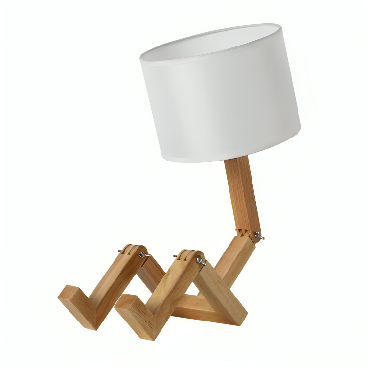 Scandi reading lamp with wooden shelf in white dimmable, side view table lamp