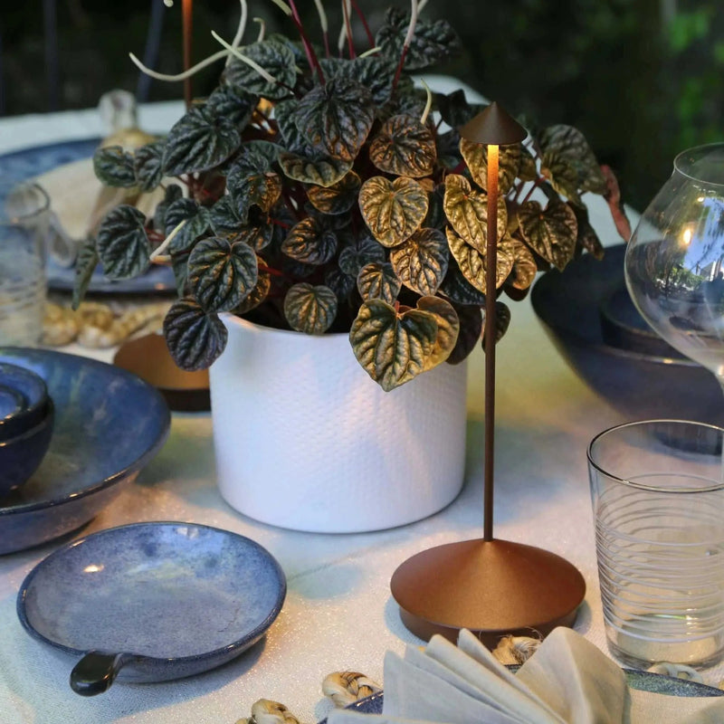 ClarityGlow Table Lamp in use outdoors on a garden table showing cordless portability rechargeable table lamp