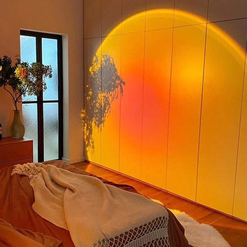 Sunshine Relaxation Table Lamp glowing with warm amber light on a bedside table sunshine relaxation lamp