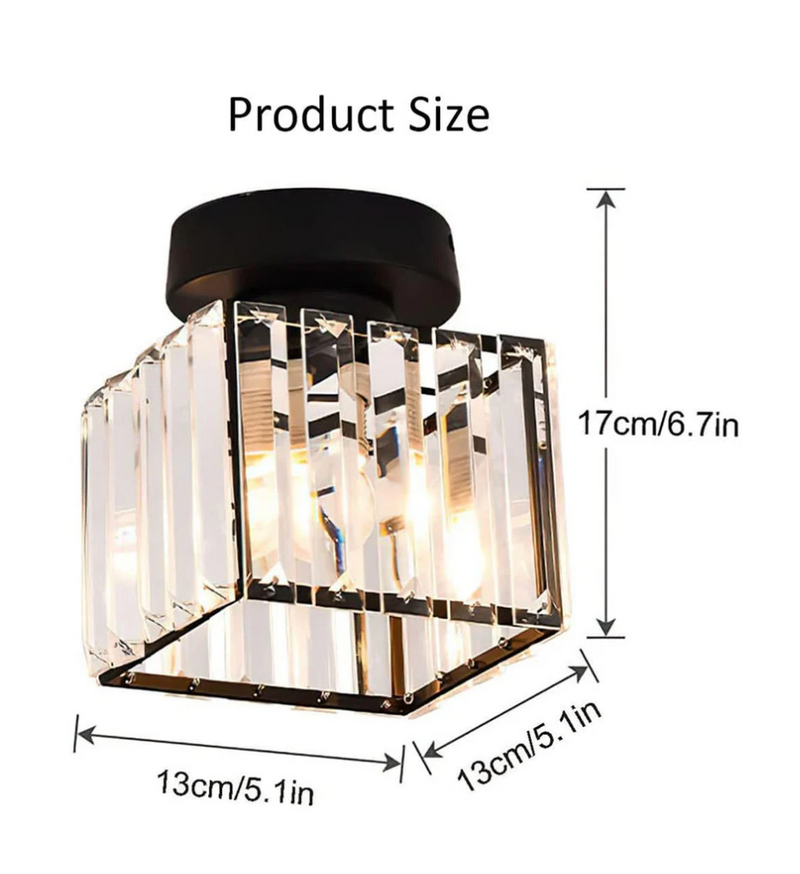 Square Flush Ceiling Light | Modern Gold & Black Crystal Glass Fitting 17cm switched on with a warm glow flush ceiling light modern
