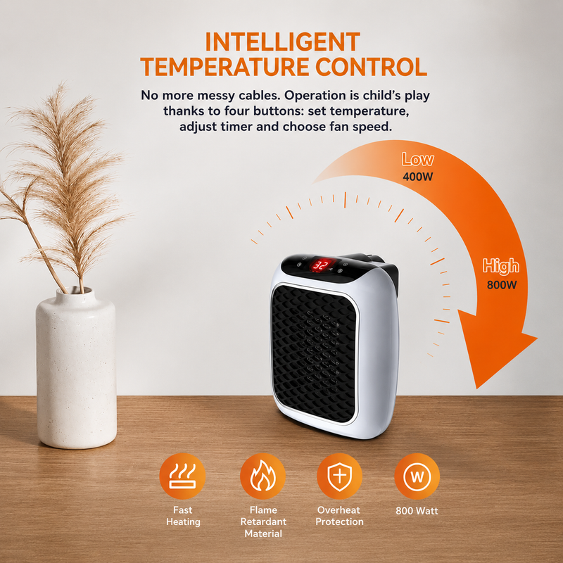 Mini Portable Room Heater on a wooden surface showing the 400W low and 800W high settings, compact electric heater