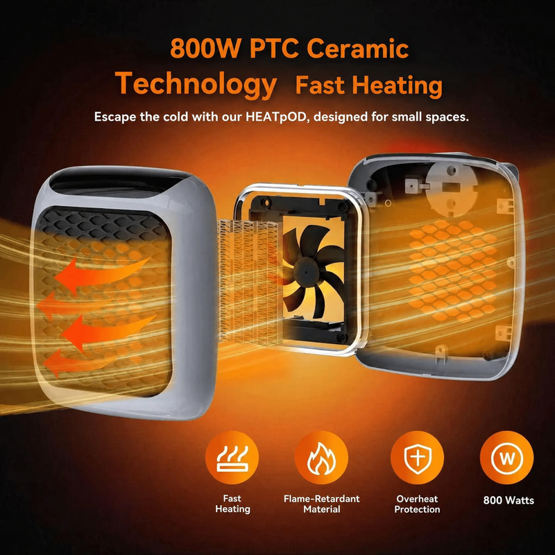 Mini Portable Room Heater shown open, with the 800W PTC ceramic element and internal fan that give fast heating