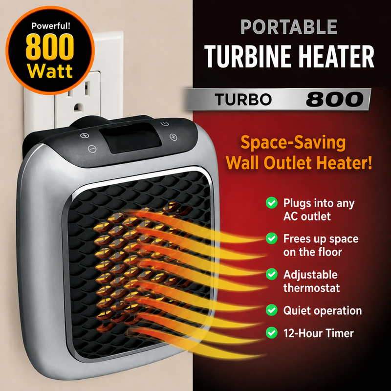 Mini Portable Room Heater plugged straight into a wall socket, showing warm air output and its space saving shape