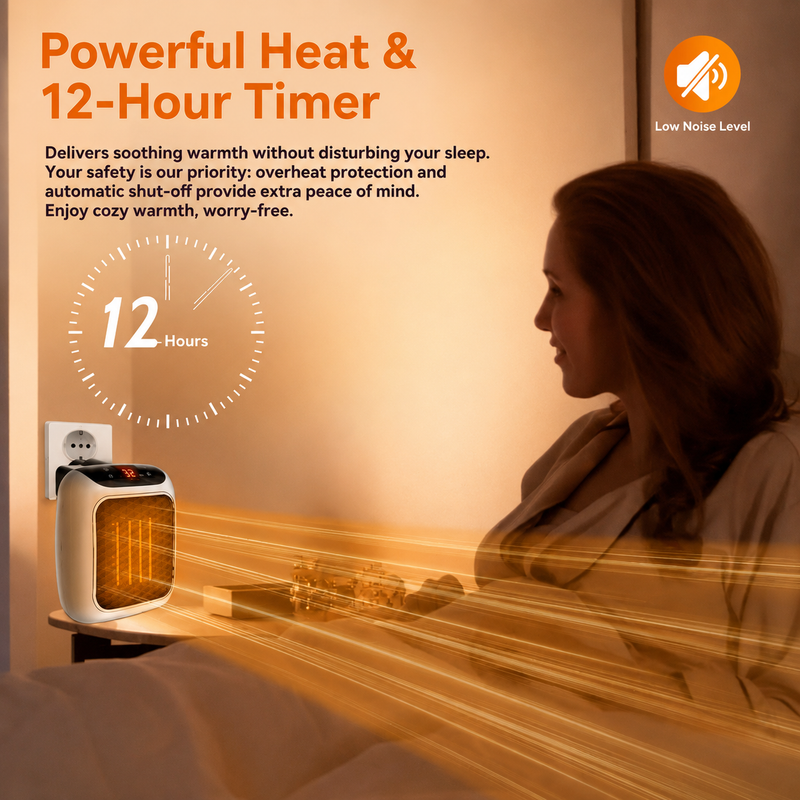 Mini Portable Room Heater plugged in beside a bed at night, running quietly on its 12 hour timer