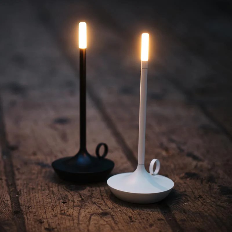 Scandinavian Kandelaar lamp, elegant cordless LED table lamp in a modern living room, dimmable designer light