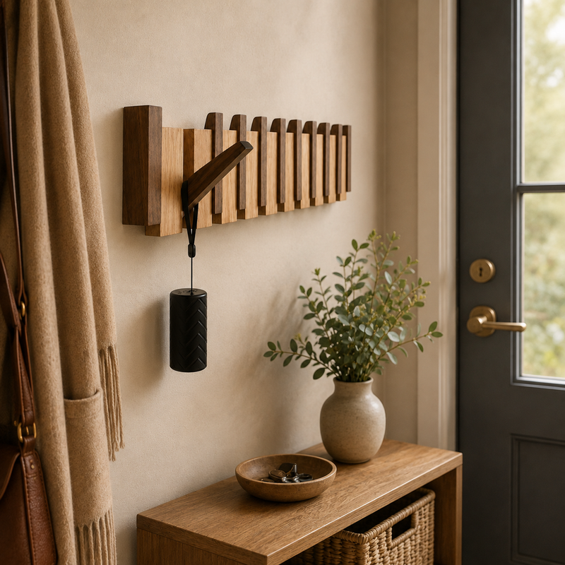 Piano wooden wall coat rack in walnut, mounted in a hallway beside the front door