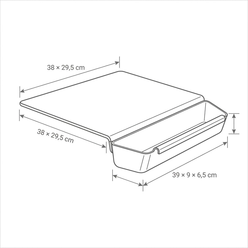 2-in-1 Chopping Board with Storage Box size dimensions diagram showing full measurements of board and storage container cutting board with drawer