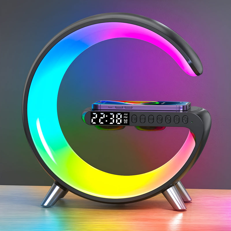 3-in-1 bedside digital clock Bluetooth speaker rear view, dimmable, wireless charging